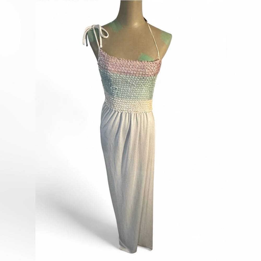 Smocked sequin bodice one shoulder maxi dress